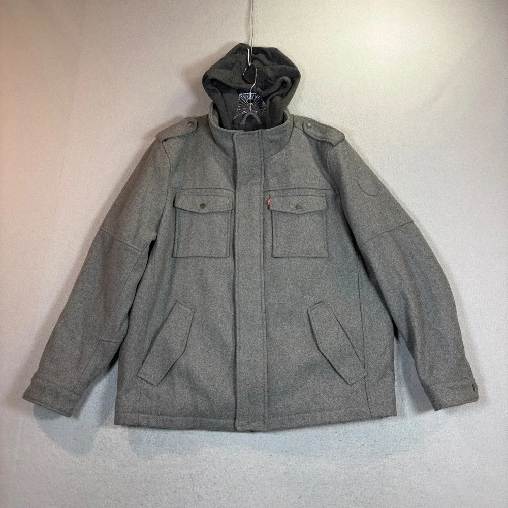 Levi's Jacket Mens L Military Field Gray Wool Blend Hooded Utility EUC